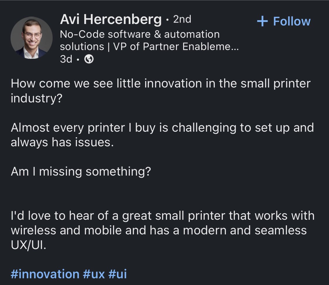Tuviae's tweet photo. I get asked this question so much - one of tech’s greatest questions - why are printers so bad &amp; why has no company done anything…?

Short answer - big old incumbents afraid of themselves, and lucky to have an incredible “built in” moat.

However, @ZUtALabs is almost there! 😄 https://t.co/pMwX2RU9GO