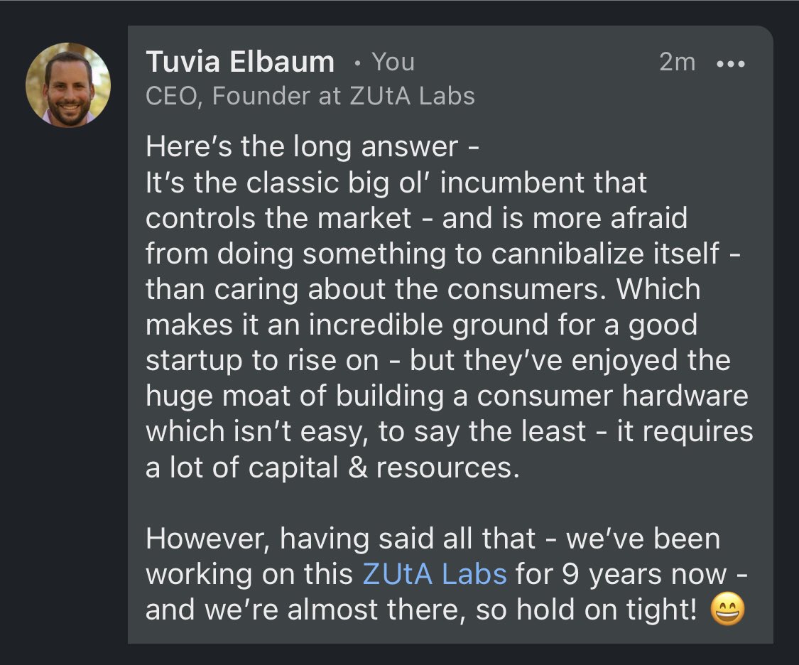 I get asked this question so much - one of tech’s greatest questions - why are printers so bad &amp; why has no company done anything…?

Short answer - big old incumbents afraid of themselves, and lucky to have an incredible “built in” moat.

However, <a href="/ZUtALabs/">ZUtA Labs</a> is almost there! 😄