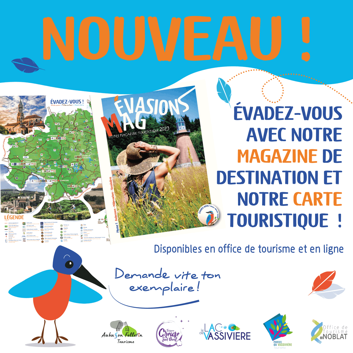 OTNoblat's tweet photo. 🐥 Notre mascotte le martin-pêcheur Marty a quelque chose à vous montrer : un nouveau mag à feuilleter et une jolie carte à déplier !💚
📽️ Découvrez-les en vidéo sur https://t.co/QIyqIH2tsD 
#CommeMarty #Aubusson #Millevaches #Vassivière #Limousin #Creuse #HauteVienne https://t.co/kifoMrFb5Y