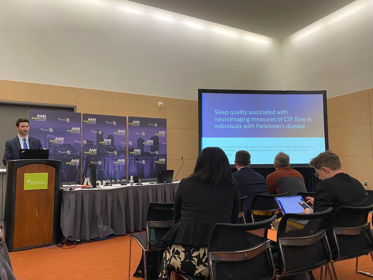 Proud <a href="/VUmedicine/">Vanderbilt School of Medicine</a> @VUMCneurology moment to see MS3 Tristan Ponzo killing it at <a href="/AANmember/">American Academy of Neurology</a> #AANAM , presenting on his work with sleep and glymphatics <a href="/claassenlabvumc/">Cognition and Movement Lab at VUMC</a> <a href="/claassendoc/">daniel claassen</a> @amybrownmd
