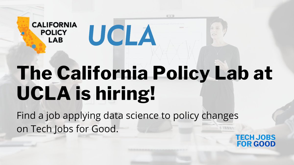 TechJobsforGood's tweet photo. Improve the lives of Californians by generating evidence that transforms public policy! @CAPolicyLab at @UCLA is hiring a Data Analyst! 

Role: Data Analyst
Location: Los Angeles, CA
Learn more 👉 https://t.co/FHaPryIEtv

#TechForGood #TechJobs #DataForGood #DataJobs #JobAlert https://t.co/5oAqpyMJxA