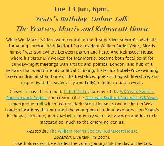 Online talk (on #Yeats's🎂birthday in his @NobelPrize💯year) on the importance to🌻#BedfordPk🌻and Yeats, of Wm Morris's ideas, and his circle at Kelmscott House, location#10 on the smartphone📱🚶‍♀️walk, sponsored by @Savills
Book now williammorrissociety.org/events/
tinyurl.com/yeats-morris-1…