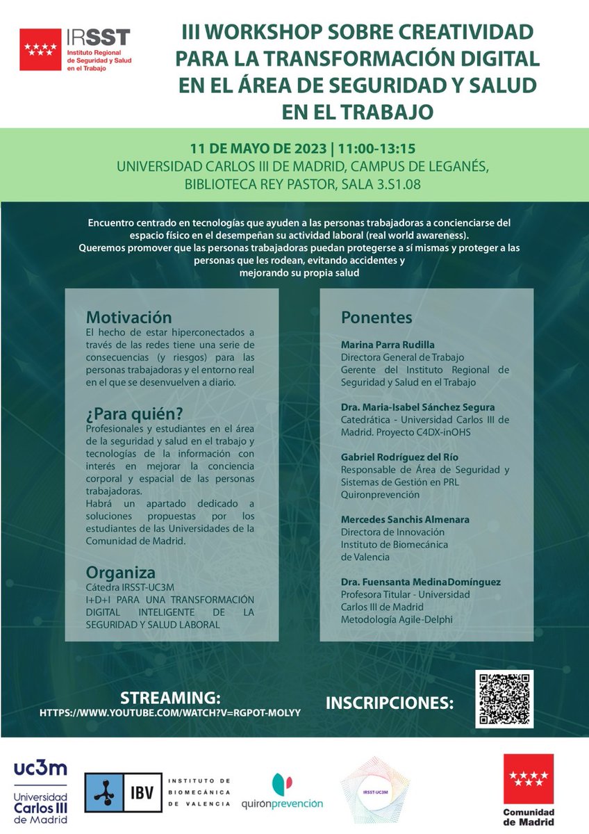 🎓 El #IRSST y <a href="/IrsstUc3m/">Cátedra IRSST-UC3M</a> te invitan el día 11 de mayo a asistir al III Workshop sobre creatividad para la transformación digital en el área de la #PRL. 

✔ Ideas creativas para la protección de los trabajadores y reducción de los accidentes.

+Info: lnkd.in/eN6E8pQC