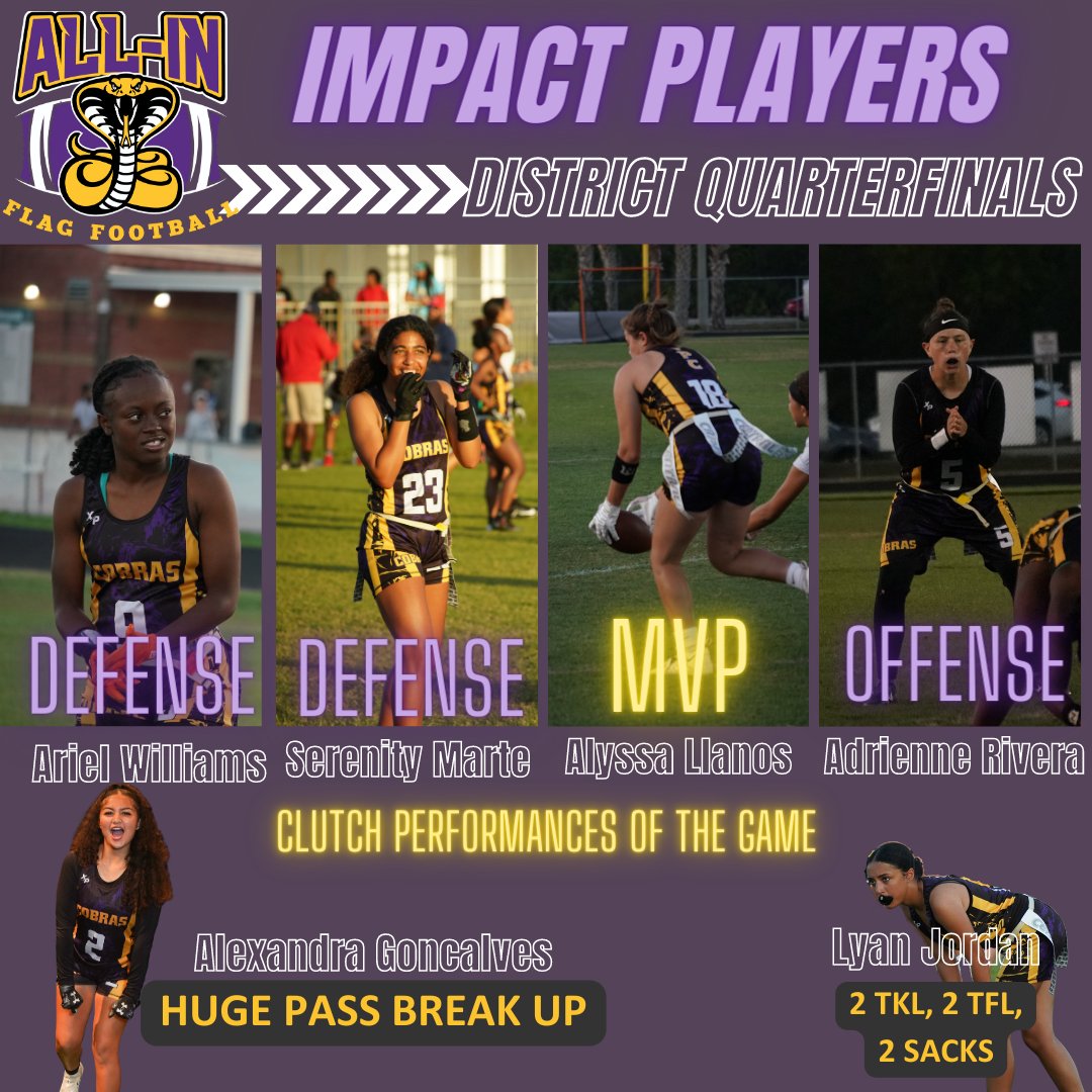 🚨IMPACT PLAYERS🚨 vs Dwyer (District Quarterfinals).
<a href="/llanosa18/">Alyssa Llanos</a> had 7 rec for 106 yds 2 TD
<a href="/Adrienne_358/">Adrienne Rivera</a> 15/25 189 2 TD, 2 INT
<a href="/Serenity561/">Serenity</a> 2 INT 3 PBU
<a href="/ariwilli9/">Ariel Williams</a> 9 tkls 2 PBU
<a href="/LyanJordan2005/">Lyanmarie Jordan</a> 2 sacks
<a href="/allexandragg/">ag</a> huge PBU to clinch the game