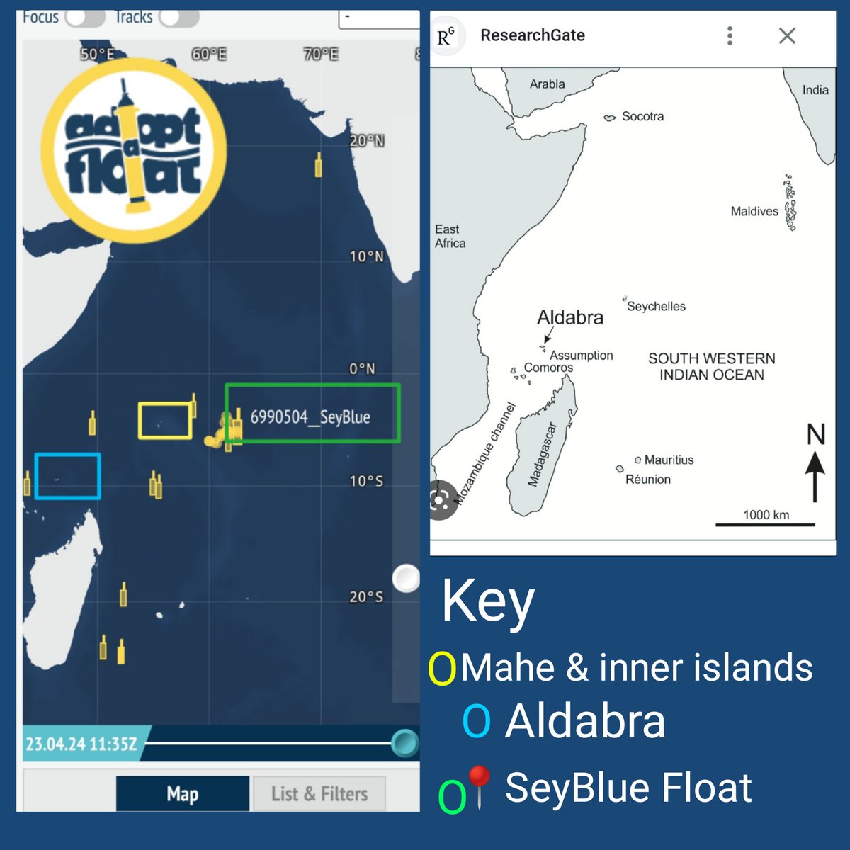 SBluefloat's tweet photo. Showing the students in the SeyBlue Team our float on the map, while identifing our world heritage site #Aldabra... Teacher facilitator interview by "Telesesel" local television About the #adoptafloat program 😊 positive feedback https://t.co/ITspLTiQaA