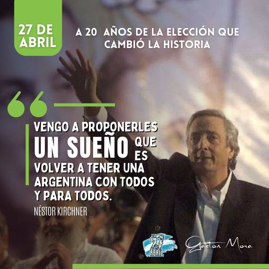 Gastonmoraok's tweet photo. 🗓️ • A 20 años de las elecciones que cambiaron la historia. 20 años del inicio del Gobierno que transformo la Argentina. 
» Néstor Kirchner, con el 22% de los votos, asumió con coraje y con convicciones firmes para sacar a la Argentina del pozo. 

#Nestor20Años 🐧 #NéstorVive https://t.co/cbqR5oHnkD