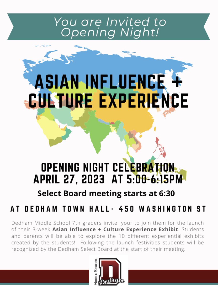 Join us tonight as Grade 7 welcomes the community to the opening of their 3-week exhibit at Town Hall! Can’t make it? Check out student recognition on <a href="/DedhamTVTweets/">Dedham Television</a> by the Dedham Select Board at 6:30!