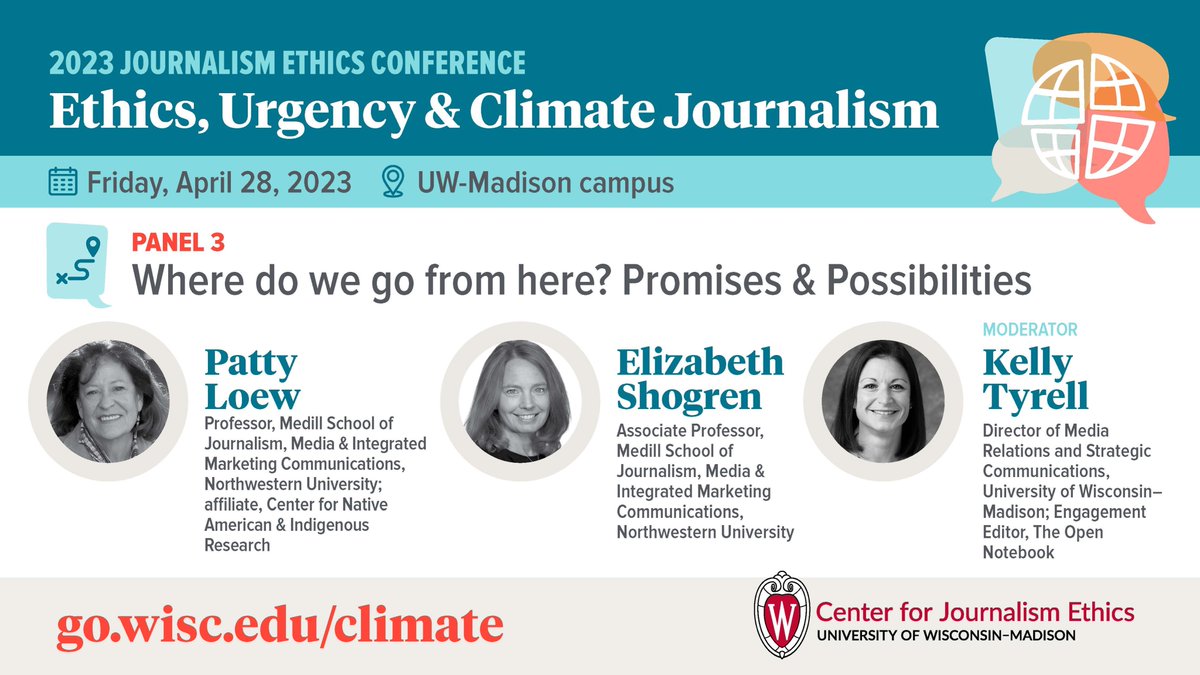 UWJournEthics's tweet photo. Tomorrow we host "Ethics, Urgency &amp; Climate Journalism," our annual ethics conference open to all. 

Join us online or in person for outstanding contributions from panelists such as @ShogrenE &amp; Patty Loew: https://t.co/peNisNdO57 https://t.co/y3bslTy7cv