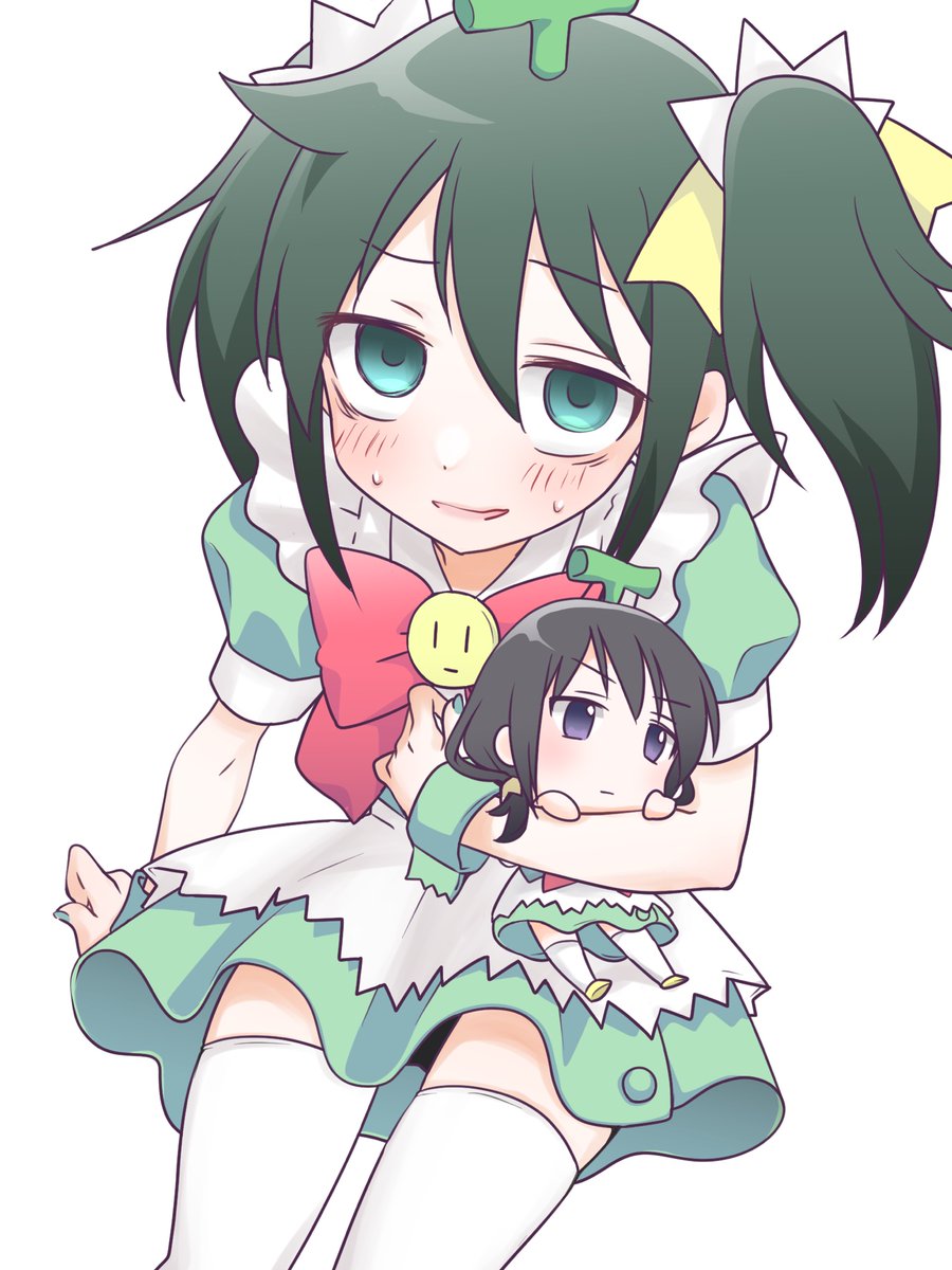 kuroki tomoko ,tamura yuri bags under eyes twintails black hair green dress thighhighs dress white background  illustration images