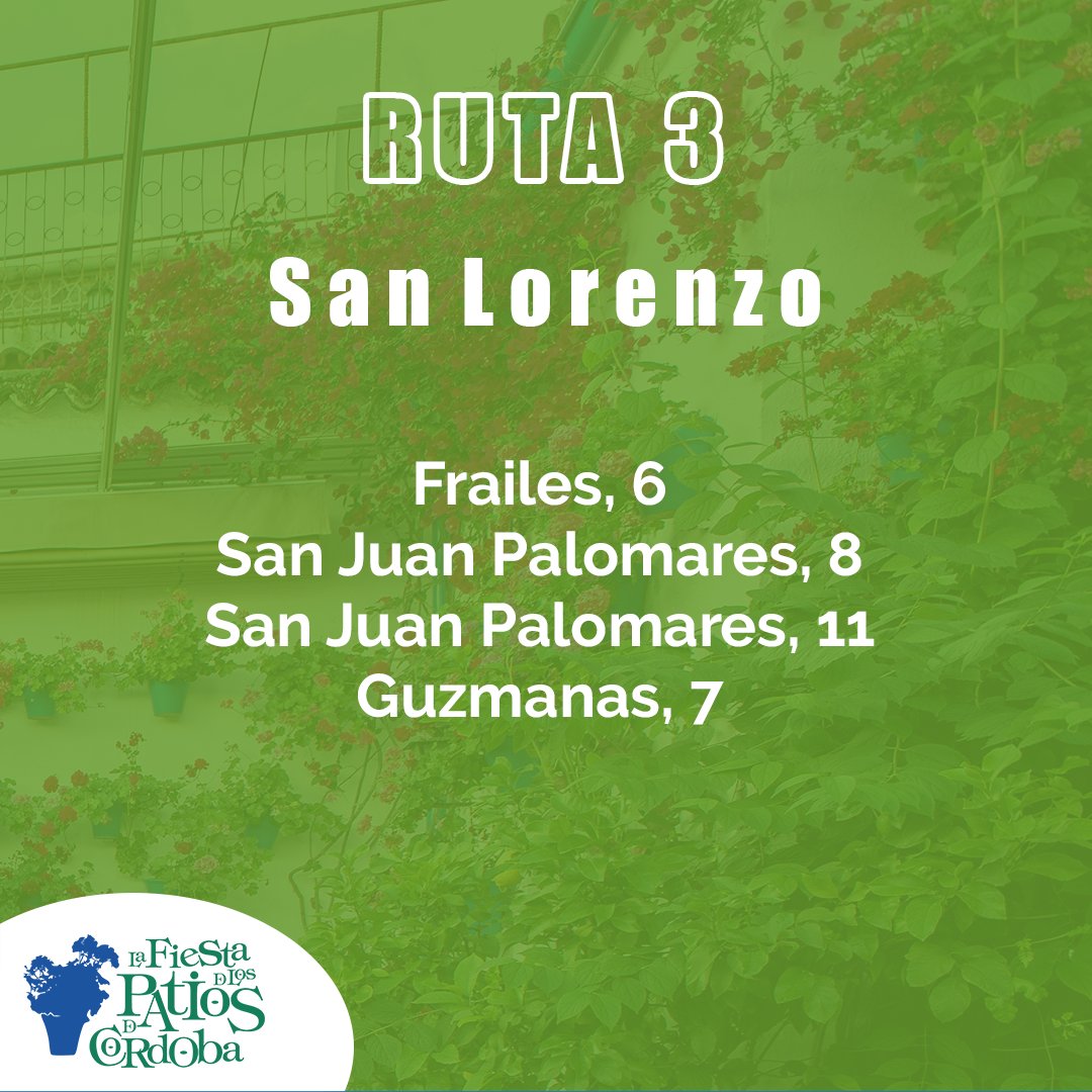 𝓡𝓾𝓽𝓪𝓼 𝓭𝓮 𝓵𝓸𝓼 𝓟𝓪𝓽𝓲𝓸𝓼 𝓭𝓮 𝓒ó𝓻𝓭𝓸𝓫𝓪 2023.
🌺 6 Rutas en las que disfrutarás de la fiesta cordobesa más singular
👉🏼 Todos los patios son de acceso gratuito.
🗓Martes 2 a Sábado 13
⌛️11 a 14h. y de 18 a 22h.
🗓Domingo 14 de mayo
⌛️11 a 14h. y de 18 a 20.30h.