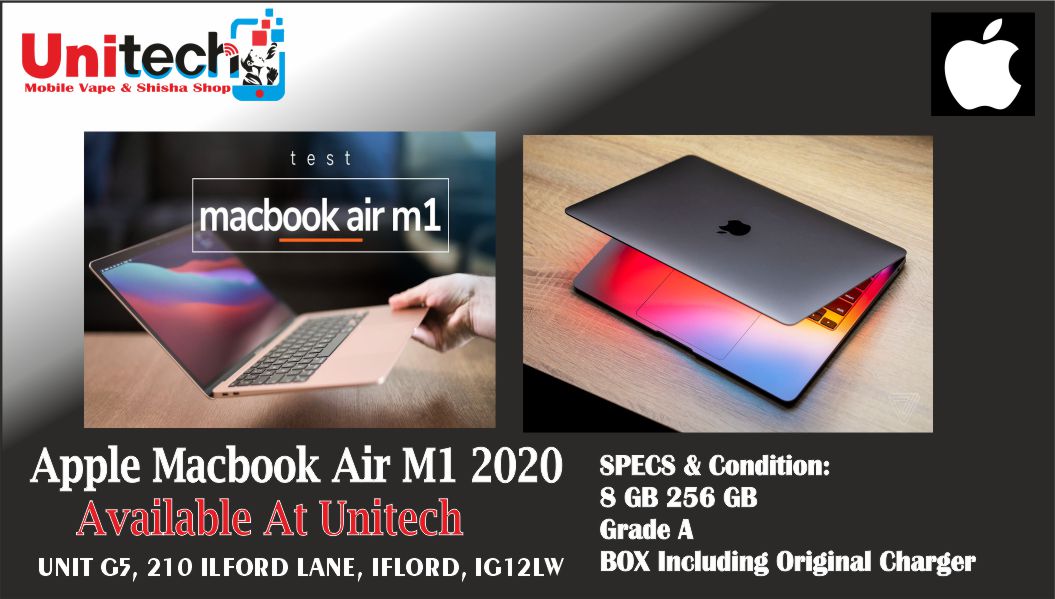 Macbook Air M1 2020 Available At Unitech Mobile and Vape Ilford Lane.

Apple M1 Chip
8GB RAM + 256GB SSD
13.3' Retina Display
8 Core CPU + 7 Core GPU

#macbookair #buymacbookair #macbookair #laptopshop #laptop
#unitech #unitechilfordlane #laptopshopilford #repairatunitech