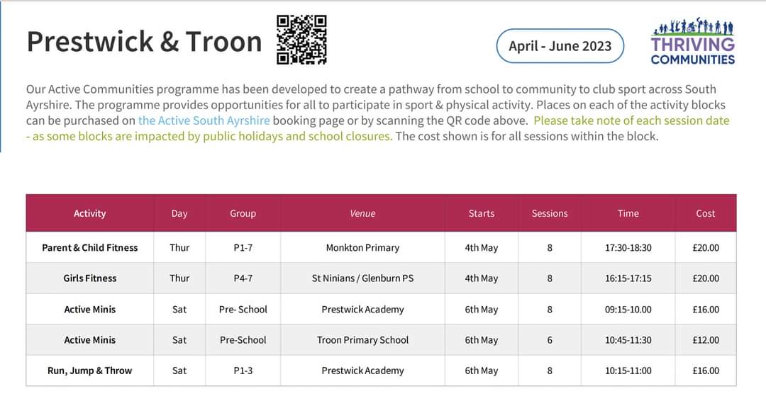 This terms active communities sessions start on Tuesday 2nd May! See what's on offer in the local area and use the link below to sign up! #ActiveCommunities #Sport #Community
south-ayrshire.gov.uk/events 
@GlenburnPrimary @KingcasePS @HeathfieldPS @MonktonPS @SPSEyc