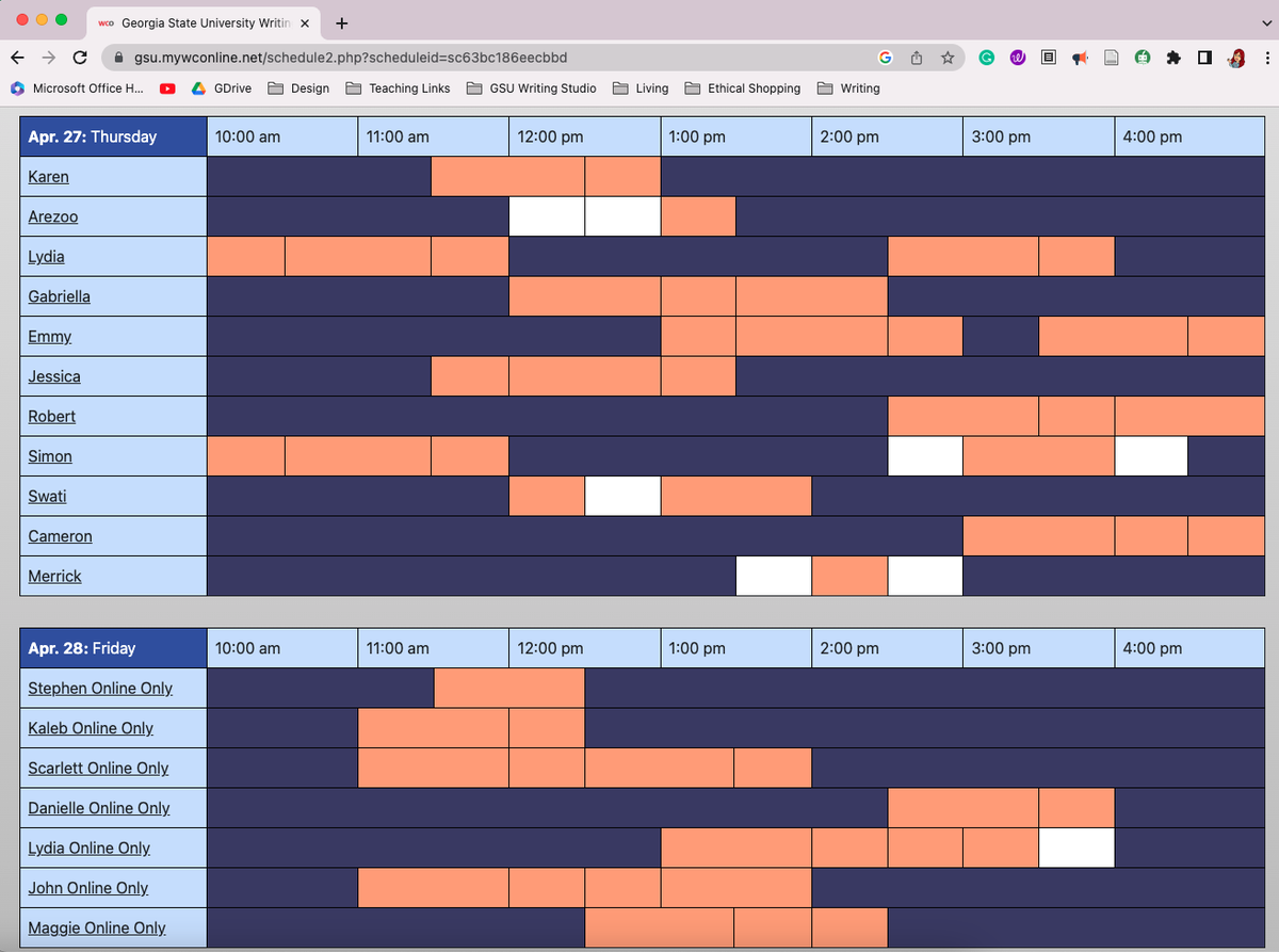 GSUWriting's tweet photo. Only 8 sessions remain until the end of Spring semester! Snag your session with one of our writing tutors ASAP—these spots will not last long. https://t.co/KkAUSI59Lh