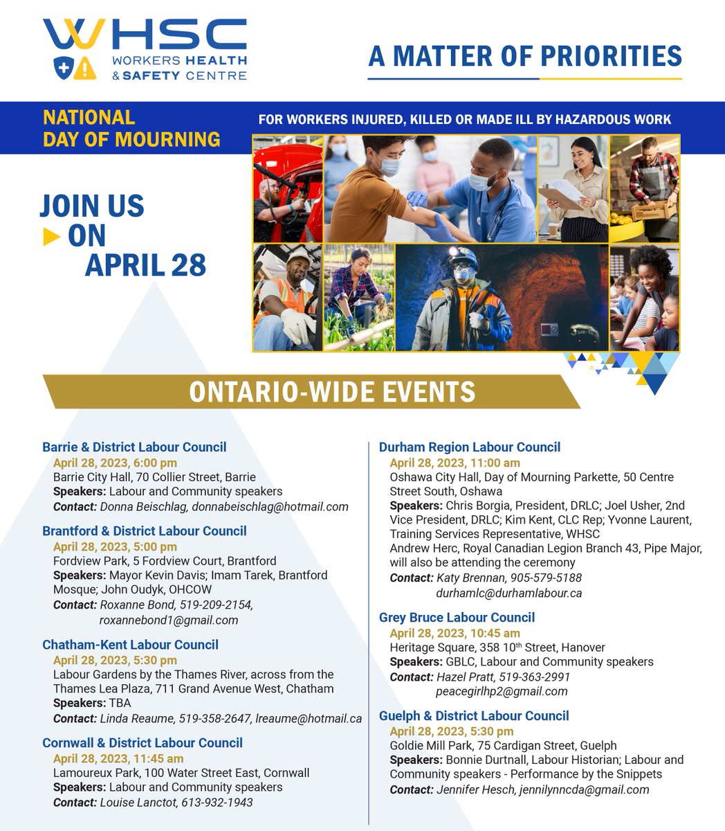 WHSCtraining's tweet photo. April 28th: Join us at #DayOfMourning events across Ontario to remember the workers injured, made ill or killed by hazardous work ▶️ https://t.co/FEzkb9lPRb

@CanadianLabour #CanLab #DOM23 #DOM2023 #DayOfMourning2023 #DayOfMourning23 https://t.co/DyabD9tjz9