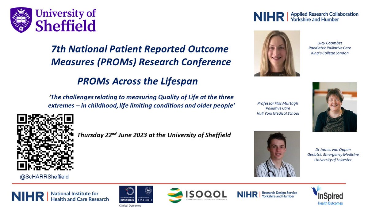 Join us in Sheffield on 22 June at the UK PROMs Research Conference – discussing the Challenges relating to measuring QoL in childhood, life limiting conditions &amp; older people @lucyCoombes7 @j_VanOppen @young4T @jillcarlton1 @ScHARRSheffield <a href="/OxUInnovation/">Oxford University Innovation</a> <a href="/philapowell/">Phil Powell 🦋 @philapowell.bsky.social</a>