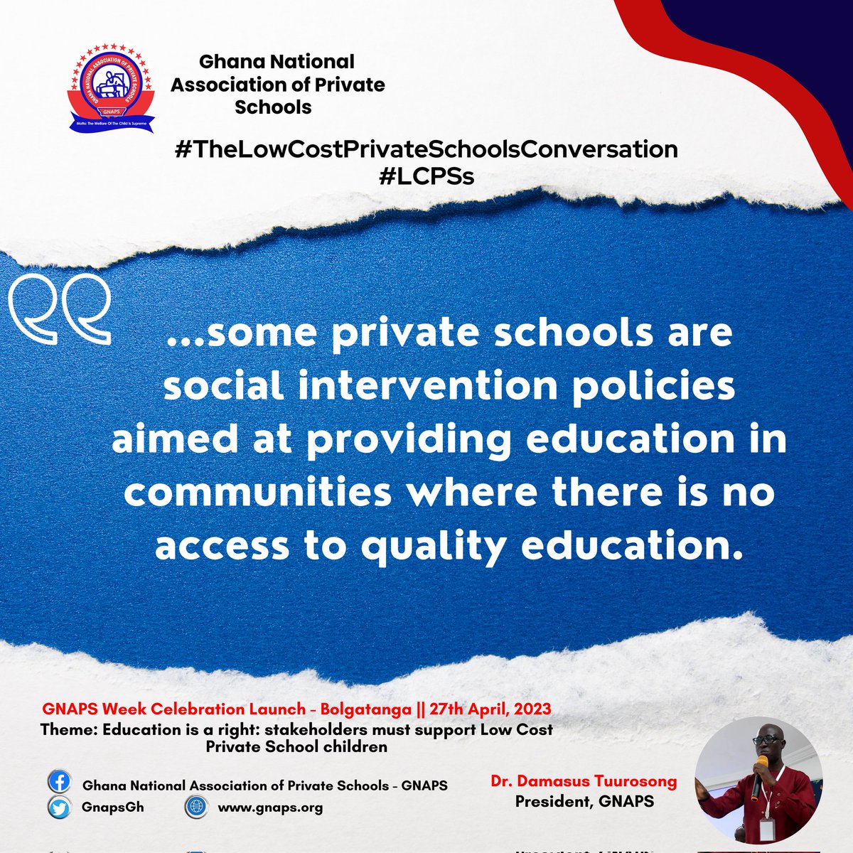 GnapsGh's tweet photo. The association has always been proud of supporting Ghanaian society with our intervention(s).
#TheLowCostPrivateSchoolsConversation #LCPSs #privateschoollife #privateschooleducation #gnapsweek #2023
#GNAPS president Dr. Tuurosong Damasus speaks. https://t.co/lBKNDK1je7