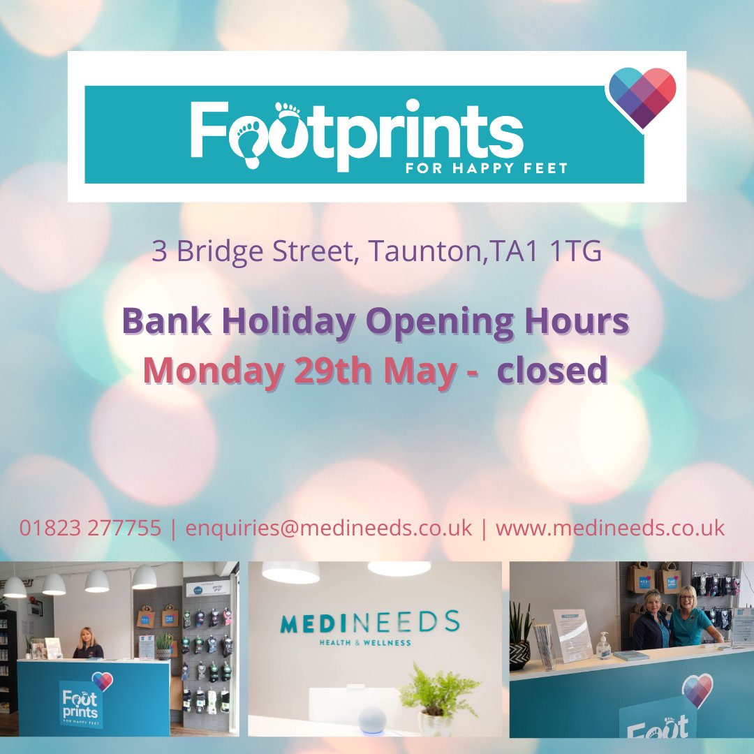 🩺We would like to let our patients & customers know our opening hours the coming May Bank Holiday:
💙Medineeds Health & Wellness Clinic: Monday 29th May - Closed
💜Footprints: Monday 29th May - Closed
01823 277755 #openinghours #May #bankholidays #Taunton #tauntonsomerset