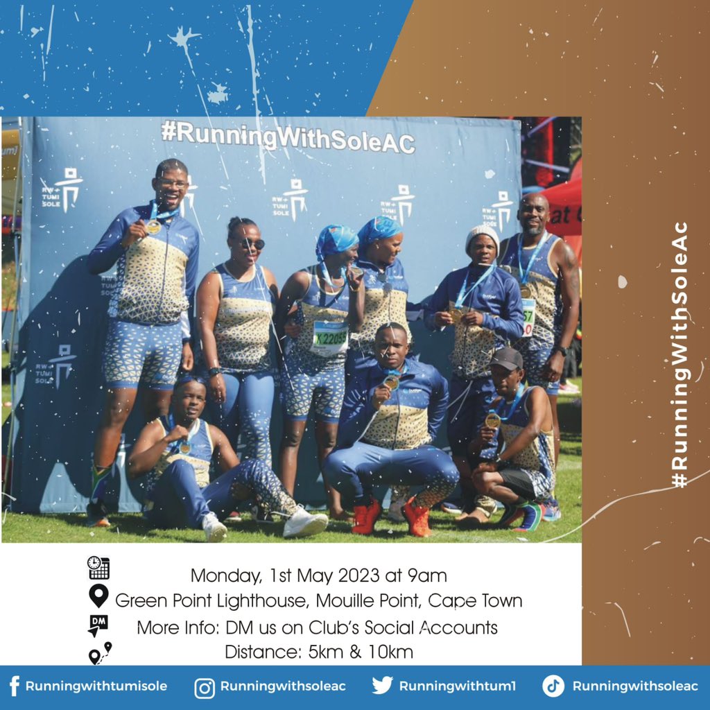 RunningWithTum1's tweet photo. Announcement 📣

Social Runners Club the Cape Town Edition ✨ Please join us on 01 May 2023, 09h00am at Green Point Lighthouse 📍 

More details on the poster.

See you there 🙌🏾

#RunningWithTumiSoleAC #BudgetInsurancexRunningWithSoleAC #RunningWithTumiSole https://t.co/D0sVX4wjPV