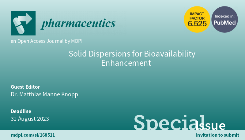 MDPIpharma's tweet photo. #MDPIPharmaceutics
Special Issue "#Solid #Dispersions for Bioavailability Enhancement" is open for submissions.
Guest Editor: Dr. Matthias Manne Knopp
Read more at:
https://t.co/7X0tzpePBc https://t.co/uMpNUjr5j3