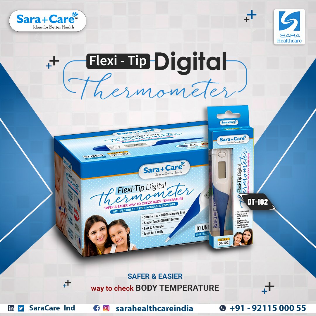 Stay on top of your health with Sara Care's Flexi-Tip Digital Thermometer! Accurately measure your temperature in seconds, anytime and anywhere.
#flexitipdigitalthermometer #kidsthermometer #thermometer #sarahealthcare #rt #rtplease #delhi #medical #mercuryfree #fever