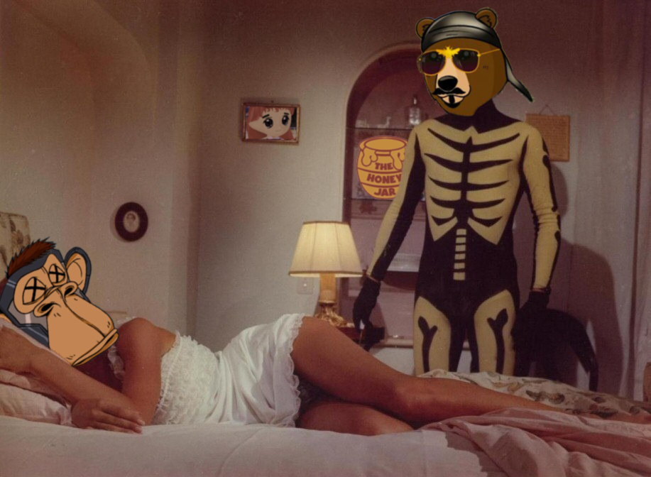 RopaDopaMine's tweet photo. My meme as a celebration of the human spirit, a testament to our ability to create beauty and meaning out of nothing. 

Just kidding, it's a scam. @deepname99 #BearsVsApes @0xHoneyJar https://t.co/78QFh8VSRZ