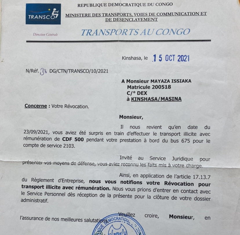 ##RDC_Transco: Une dame est révoquée pour 500Fc(=0,15€;0.16$)Je suis révolté. Retweetez pour aider cette mère de famille!