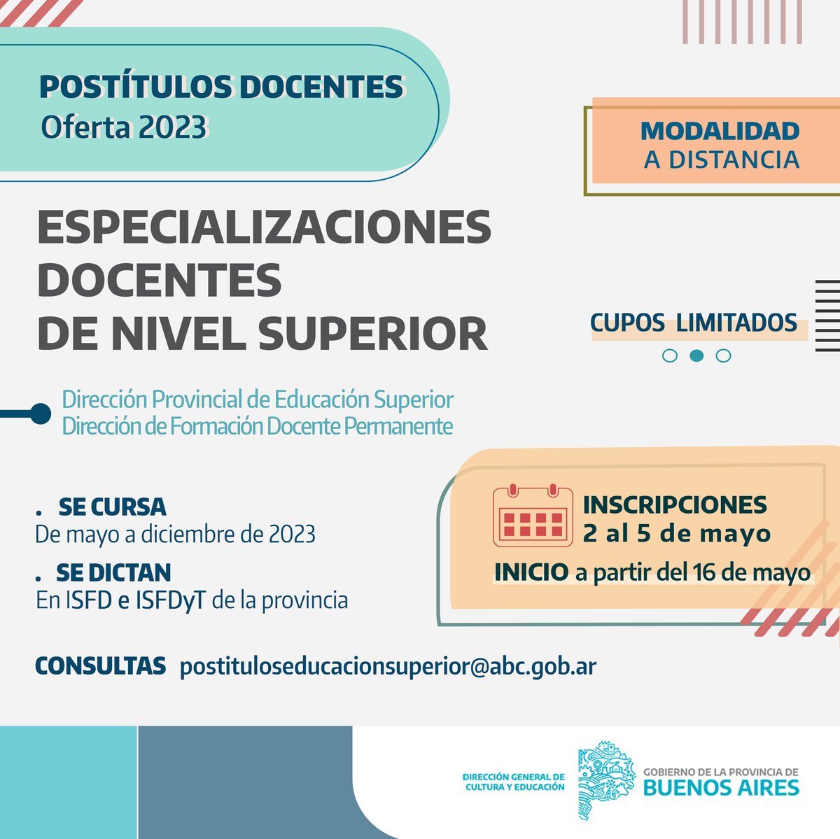 #postítulosdfdp 

Del 2 al 5 de mayo inician las inscripciones a los postítulos de la Dirección de Formación Docente Permanente 2023. ¡No te lo pierdas!
¿Dónde puedo acceder a más información?: accedé al portal ABC para conocer más detalles de la oferta: bit.ly/especializacio…