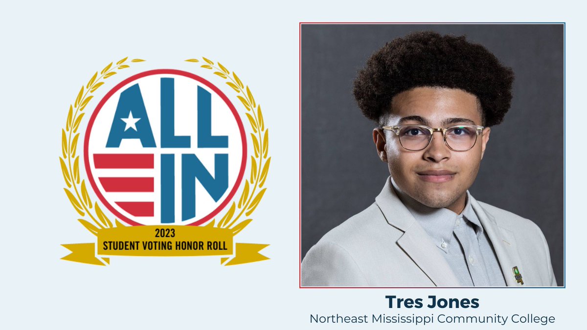 Tres Jones was recognized for their nonpartisan democratic engagement work as an awardee of @allintovote’s Student Voting Honor Roll. Follow Tres’s lead and register to vote for upcoming elections at AllInToVote.org! #AllInToVote