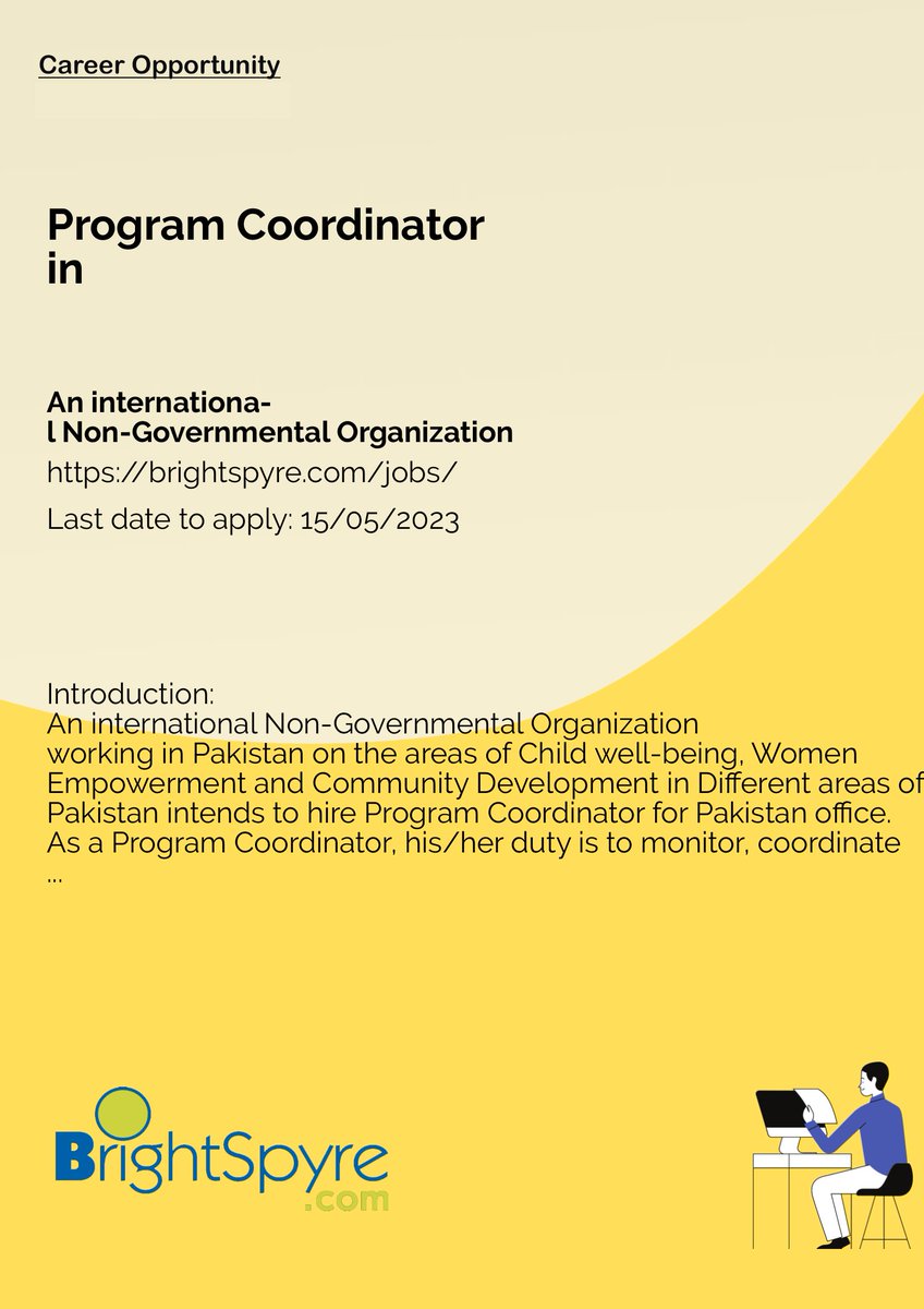BrightSpyre's tweet image. An international Non-Governmental Organization is Looking for Program Coordinator... Apply now: resume.brightspyre.com/jobs/ywnb_IGsU…
#BrightSpyre #Job #Progra