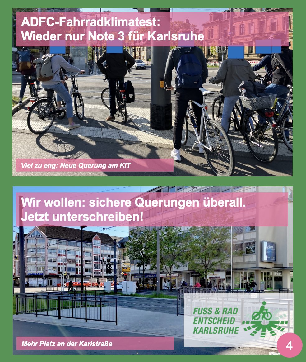 Ideen für Karlsruhe, Nummer 4: Sichere Querungen. Wenn wenig Platz ist, muss Sicherheit des Fuß- und Radverkehrs Priorität vor dem Komfort des Autoverkehrs erhalten.