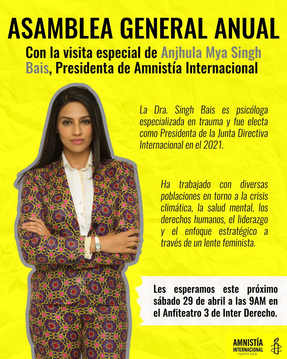 AIPuertoRico's tweet image. ¡Una razón más para asistir a la AGA2023!

#anjhulamyabais #aipr #aga #amnistía #amnistiainternacional #amnesty #amnestyinternational #amnistia #ddhh #puertorico