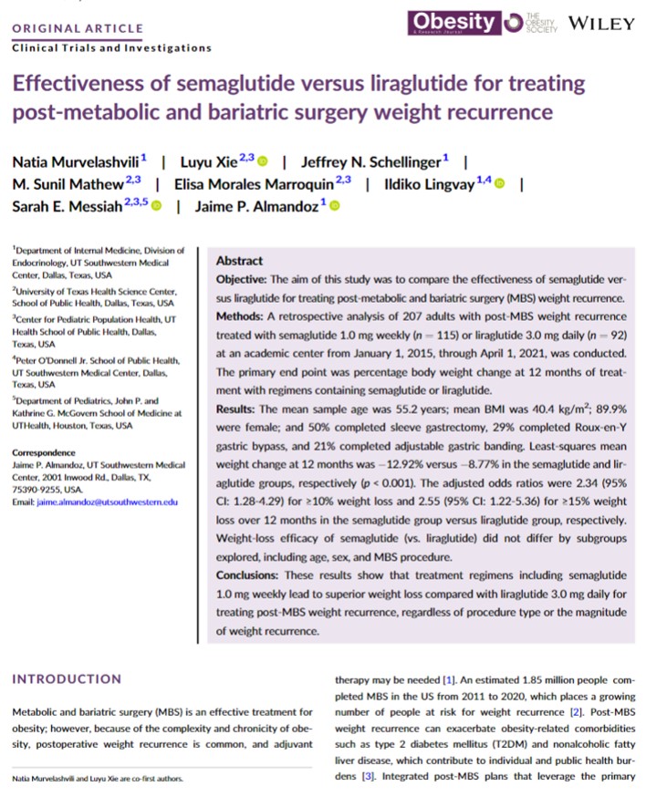 Semaglutide 1.0 mg weekly is superior to liraglutide 3.0 mg daily for post-bariatric surgery weight loss.
onlinelibrary.wiley.com/doi/full/10.10…