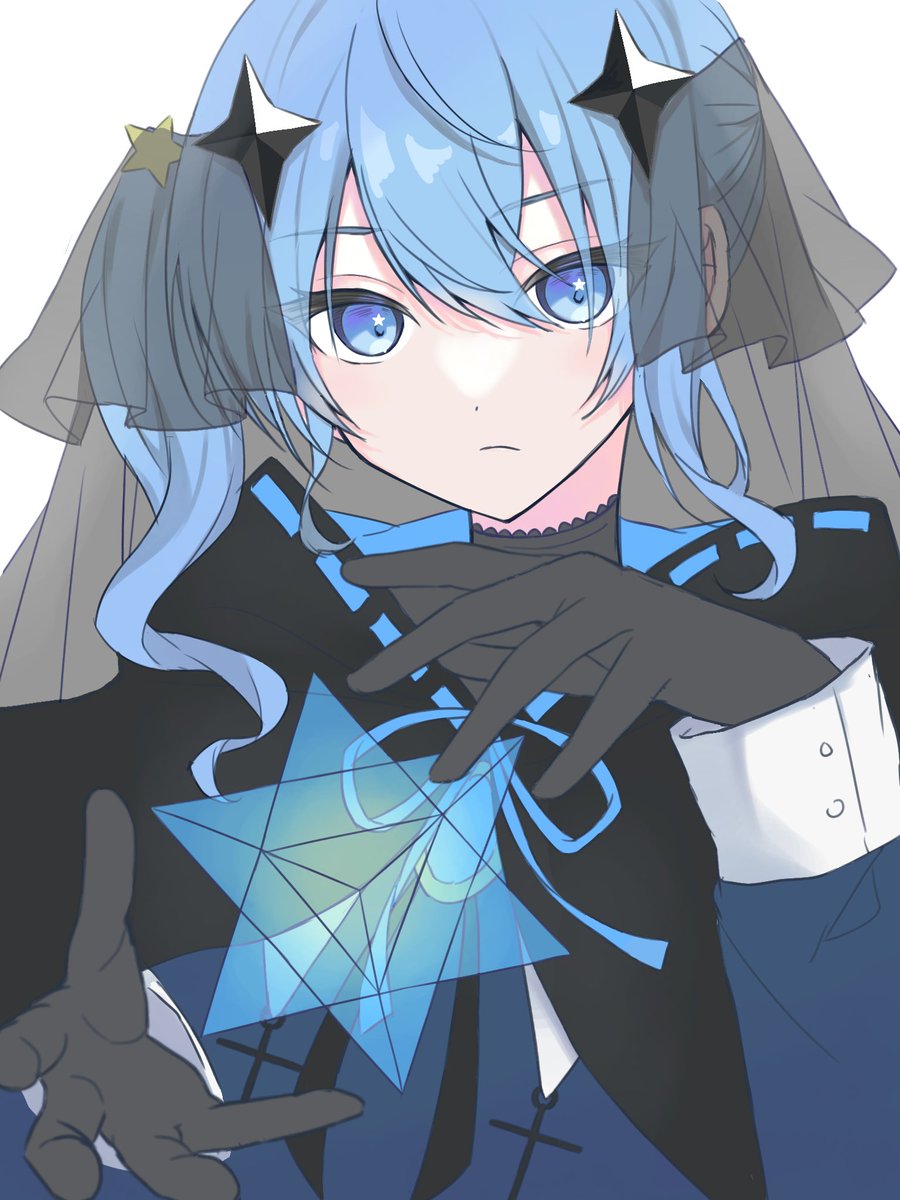 hoshimachi suisei 1girl solo blue hair gloves blue eyes star (symbol) black gloves  illustration images