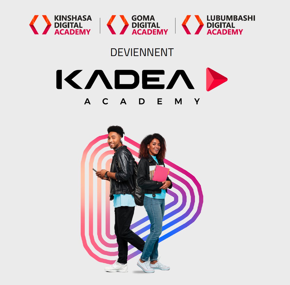 📣Bonne nouvelle ! 📣

Kinshasa Digital Academy, Goma Digital Academy et Lubumbashi Digital Academy deviennent Kadea Academy. 🚀🥳 

Notre nouveau nom reflète notre engagement à offrir les meilleures formations aux métiers du numérique.