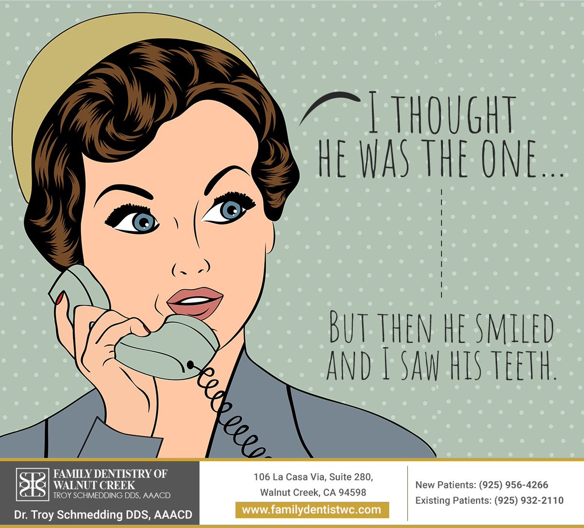 DrTroy's tweet photo. Ouch… don’t be that guy. Make sure your smile reflects how beautiful you really are. #justforfun #drtroyschmedding #walnutcreek #CA https://t.co/1fHVrCToKM