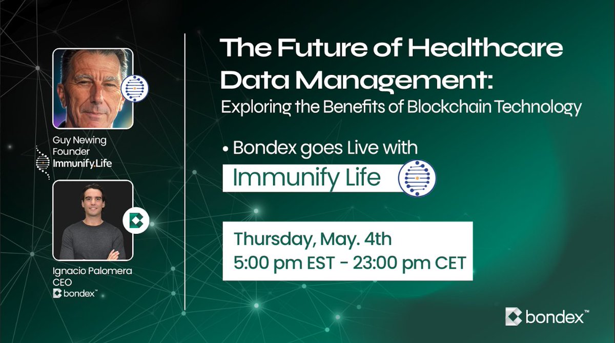 bondexapp's tweet photo. Do you believe that blockchain can revolutionize the healthcare industry? Join us for a livestream with @ImmunifyLife, a company using #blockchain technology to improve healthcare outcomes in Africa and around the world. Learn how they're empowering patients and healthcare workers to take ownership of their data and benefit from its value while improving healthcare resource deployment and investment decisions.
Don't miss out on this fascinating conversation!
https://t.co/jtzKUHR62D