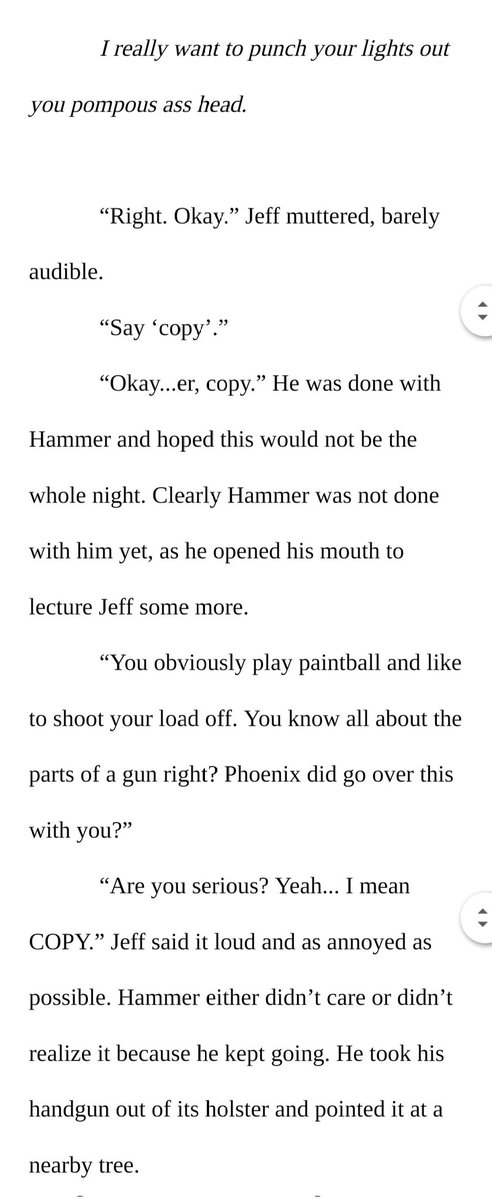 phoenixfire110's tweet image. I'm late to posting this #WIPWednesday for #TeamTeaAndBooks. Work was too busy yesterday 😒

Anyway, I didn't have #unkind in my WIP but I do have an unkind character. 🙃 

Say hello to Hammer, the a*hole leader of Z.E.R.O Tampa branch...and Jennifer’s adoptive older brother. 😅