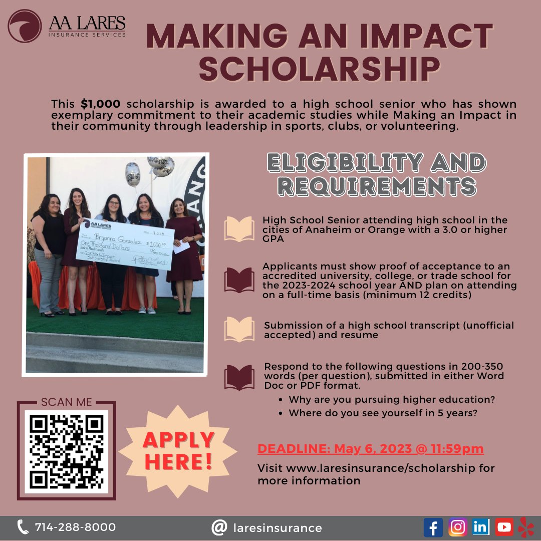 LaresInsurance's tweet photo. ‼️ Applications are now open for our 2023 Making an Impact Scholarship ‼️

#AALI #LaresInsurance #ReferralRewards #MakingAnImpact #LaresGoesLocal #ServingCustomersForLife #Auto #Home #HealthInsurance #Scholarships #ReferralRewardsProgram https://t.co/rAxr70eKac