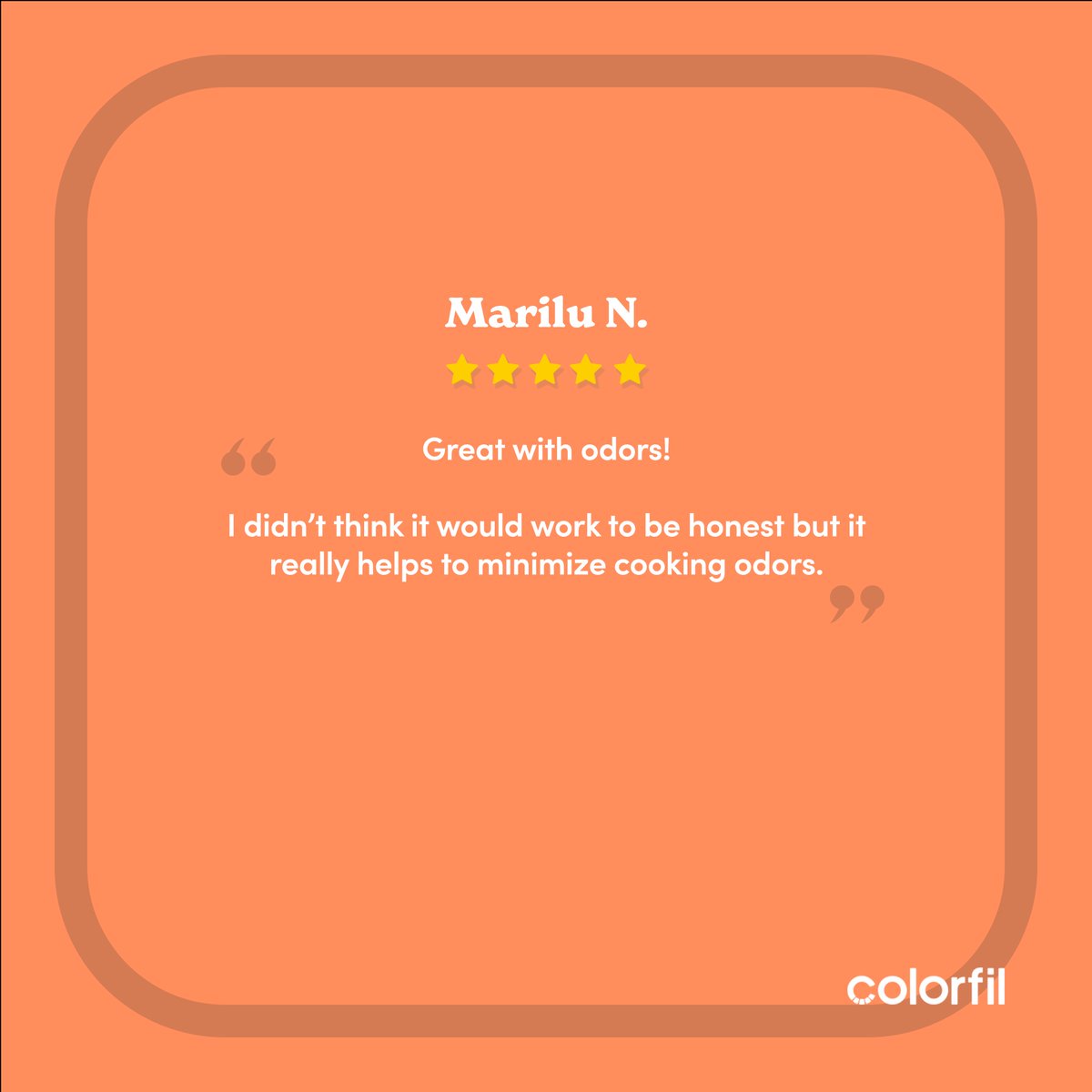 Colorfil Air Filters (@colorfil_air) on Twitter photo Thanks for sharing, Marilu! 
We're thrilled to hear that our product has made your kitchen a more pleasant place to be. Keep enjoying the benefits and happy cooking! π³π¨βπ³ 
#odorfreekitchen #happycooking #customerrevie Thanks for sharing, Marilu! 
We're thrilled to hear that our product has made your kitchen a more pleasant place to be. Keep enjoying the benefits and happy cooking! π³π¨βπ³ 
#odorfreekitchen #happycooking #customerrevie