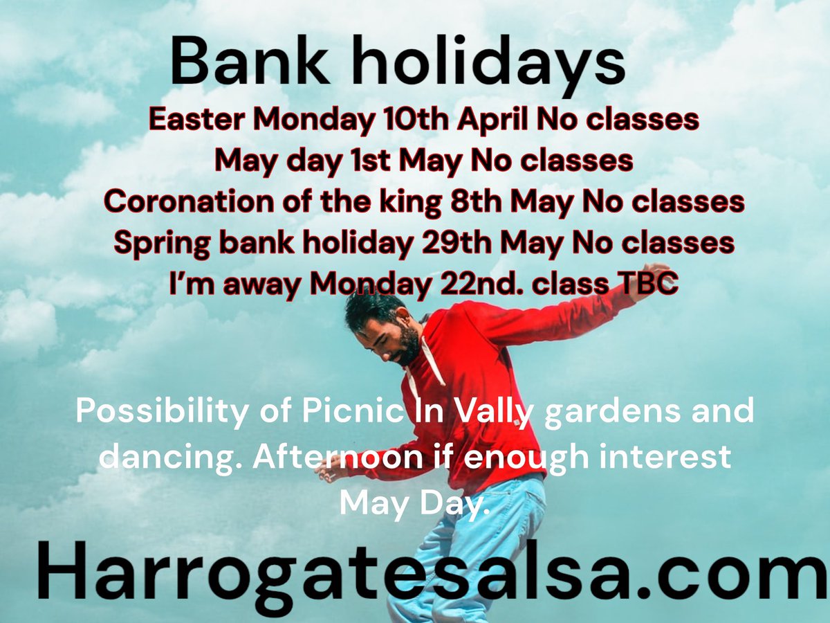 salsaTam's tweet photo. No classes now till 15th May. Due to bank holidays.
However Monday 1st we picnic in Vally Gardens. Starts 2pm message us for more details #salsadancing #harrogate https://t.co/hH7xeNGPNK