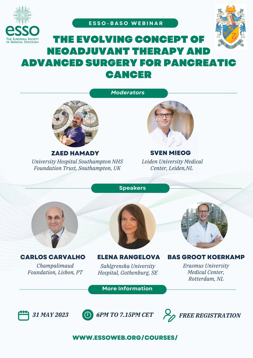 European Society of Surgical Oncology (ESSO) (@essonews) on Twitter photo 📢🔜 ESSO🤝<a href="/BASO_ACS/">BASO~The Association for Cancer Surgery</a> Webinar on The Evolving Concept of #Neoadjuvant #Therapy and Advanced #Surgery for #PancreaticCancer
🗓️ 31 May 2023
🕕 6pm to 7.15pm CET
🔗essoweb.org/courses/esso-b…
<a href="/zaedHamady/">Zaed Hamady</a> <a href="/e_rangelova/">Elena Rangelova</a> <a href="/BasGrootKoerkam/">Bas Groot Koerkamp</a> <a href="/hpb_so/">SoMe4HPB</a> <a href="/me4_so/">SoMe4Surgery</a>
#SurgicalOncology #hpb #freewebinar 📢🔜 ESSO🤝<a href="/BASO_ACS/">BASO~The Association for Cancer Surgery</a> Webinar on The Evolving Concept of #Neoadjuvant #Therapy and Advanced #Surgery for #PancreaticCancer
🗓️ 31 May 2023
🕕 6pm to 7.15pm CET
🔗essoweb.org/courses/esso-b…
<a href="/zaedHamady/">Zaed Hamady</a> <a href="/e_rangelova/">Elena Rangelova</a> <a href="/BasGrootKoerkam/">Bas Groot Koerkamp</a> <a href="/hpb_so/">SoMe4HPB</a> <a href="/me4_so/">SoMe4Surgery</a>
#SurgicalOncology #hpb #freewebinar