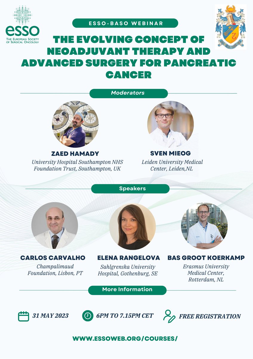 📢🔜 ESSO🤝@BASO_ACS Webinar on The Evolving Concept of #Neoadjuvant #Therapy and Advanced #Surgery for #PancreaticCancer 🗓️ 31 May 2023 🕕 6pm to 7.15pm CET 🔗essoweb.org/courses/esso-b… @zaedHamady @e_rangelova @BasGrootKoerkam @hpb_so @me4_so #SurgicalOncology #hpb #freewebinar