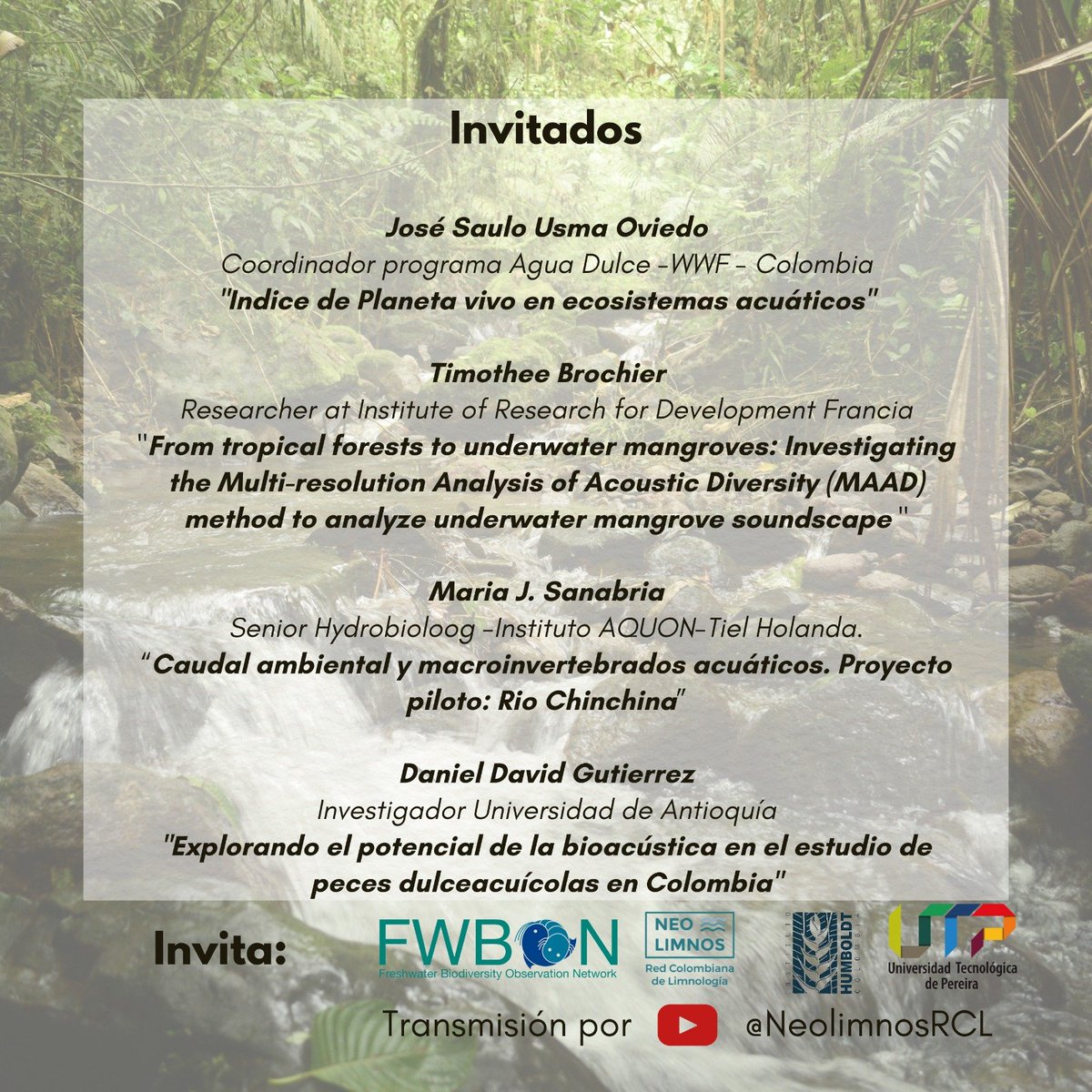 Angelica Batista (Aû) (@ambatistam) on Twitter photo Empezamos con la II Jornada Actualización sobre bioindicación acuática!!! @FWBON <a href="/NeolimnosRCL/">Red Colombiana de Limnología- NEOLIMNOS 🇨🇴</a>
Puede conectarse a traves de Youtube: youtube.com/watch?v=3XT2k8… Empezamos con la II Jornada Actualización sobre bioindicación acuática!!! @FWBON <a href="/NeolimnosRCL/">Red Colombiana de Limnología- NEOLIMNOS 🇨🇴</a>
Puede conectarse a traves de Youtube: youtube.com/watch?v=3XT2k8…