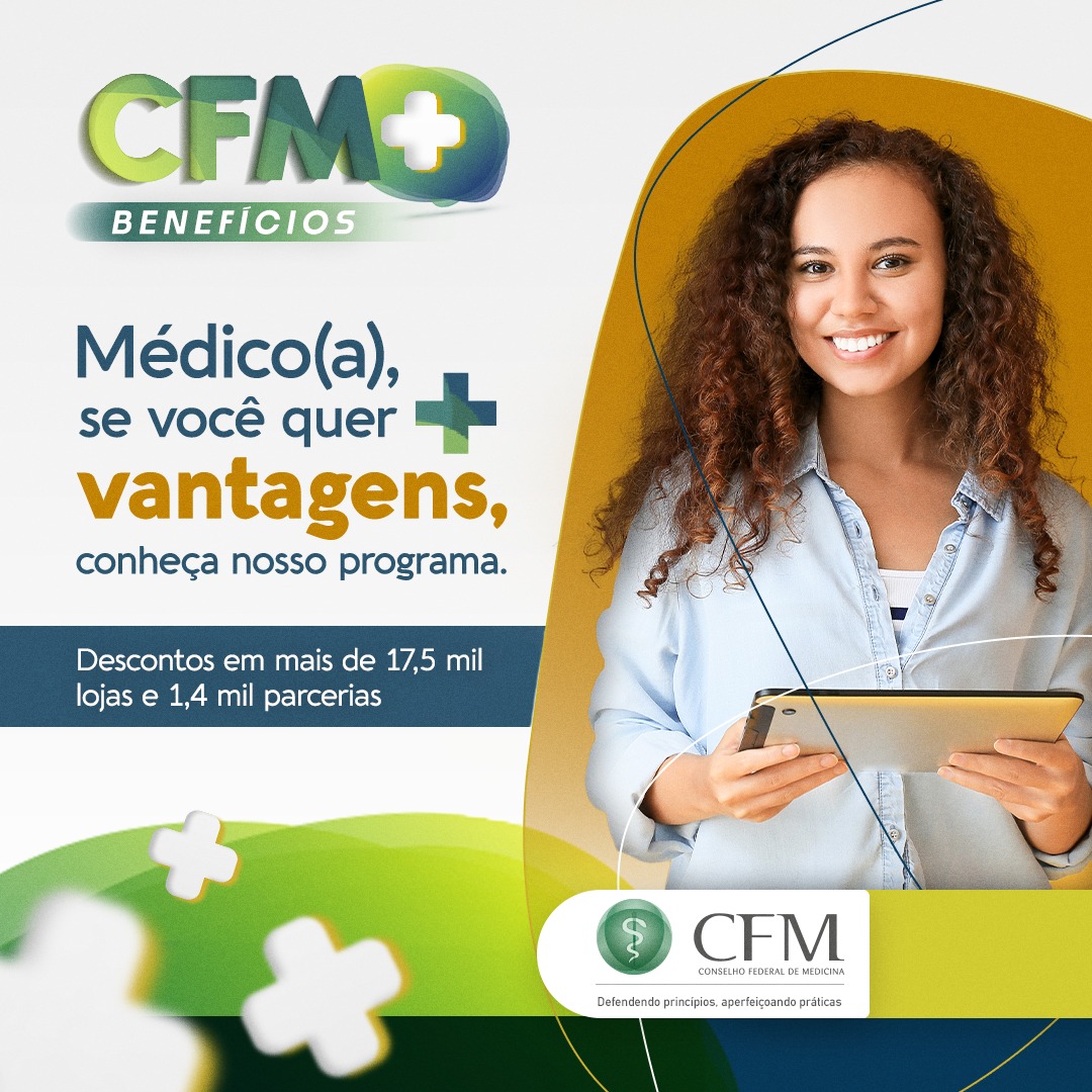 CREMERN's tweet photo. Médico, agora você tem acesso exclusivo ao clube de vantagens do Conselho Federal de Medicina: o CFM+ Benefícios! Acesse o portal repleto de ofertas especiais em diversas áreas, como educação, gastronomia, tecnologia, vestuário, lazer e muito mais. https://t.co/QKpOVe6EYi