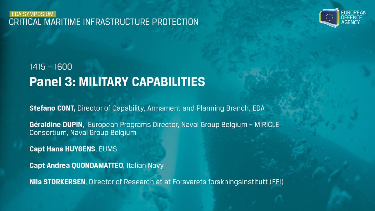EUDefenceAgency's tweet photo. @HybridCoE @eu_eeas @EUSec_Defence @Armada_esp @MarinhaPT @EU_MARE @EMSA_EU @uniofgalway @SubseaCables #CMIP23 final pannel is on the #military capabilities required for maritime infrastructure protection.
- What projects are under development via #PESCO , EDIDP and nationally to enhance European capabilites in the underwater domaine. https://t.co/fwG1wYSBZZ