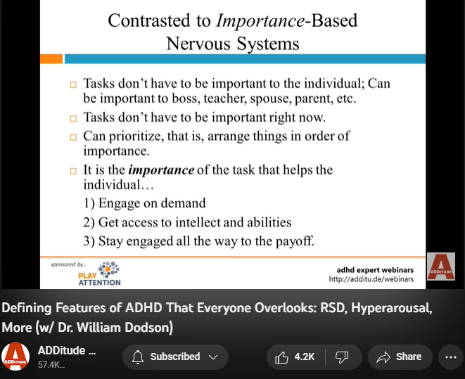 142,994 views  17 Mar 2022
The textbook symptoms of attention deficit hyperactivity disorder (ADHD or ADD) — inattention, hyperactivity, and impulsivity — are inadequate; they fail to reflect the complexity of the condition, and several of its most prevalent and powerful attributes.

Patients and clinicians who rely on the DSM-5 alone tend to overlook these defining features of ADHD:
1. an interest-based nervous system
2. rejection sensitive dysphoria
3. intense emotional responsiveness

In this hour-long webinar replay, leading ADHD expert William Dodson, M.D., explains how these core features affect the daily life of individuals with ADHD, and how they often complicate diagnoses and treatment plans.

3:00 The Criteria Are Made for Researchers - Not for Patients or Clinicians 
5:07 DSM-5 and ICD-10 Diagnostic Criteria 
6:20 Why does this matter?
7:00 Multimodal Therapy is No Longer the Standard of Care
8:43 Attention "Deficit" 
10:25 Required Elements
10:55 Interest-Based Nervous Syst