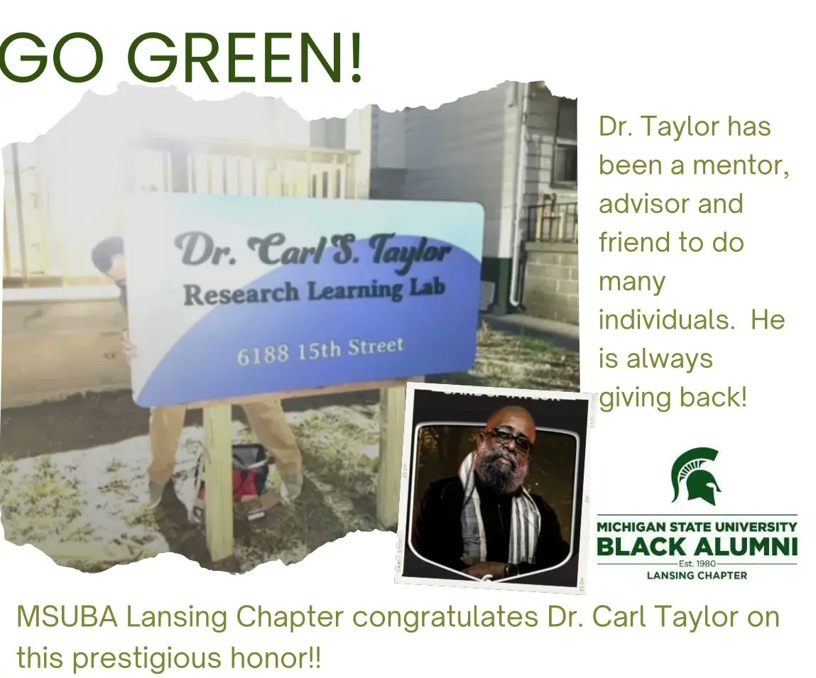 MSUBA_Lansing's tweet photo. MSUBA Lansing Chapter congratulates Dr. Carl Taylor @thirdcitay on this prestigious honor!

Dr. Taylor has been a mentor, advisor and friend to do many individuals.  He is always giving back. https://t.co/JC8oQNdNpv