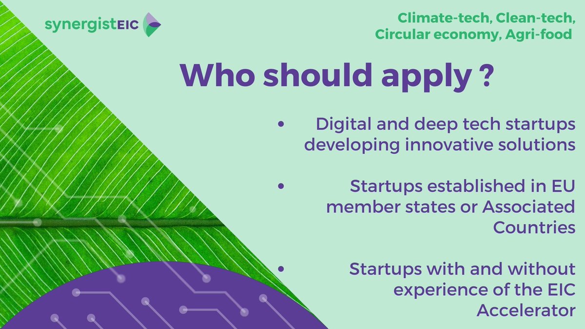synergistEIC's tweet image. 👀 Who are we looking for ☘ ?
Don’t forget to check our general eligibility criteria on our website:
👉 synergisteic.eu
Then apply on F6S platform:
👉lnkd.in/dbsYzHuR
📌 Submit your application by Wednesday, 14th June 2023
@EU_EISMEA @EUeic @StartUpEU