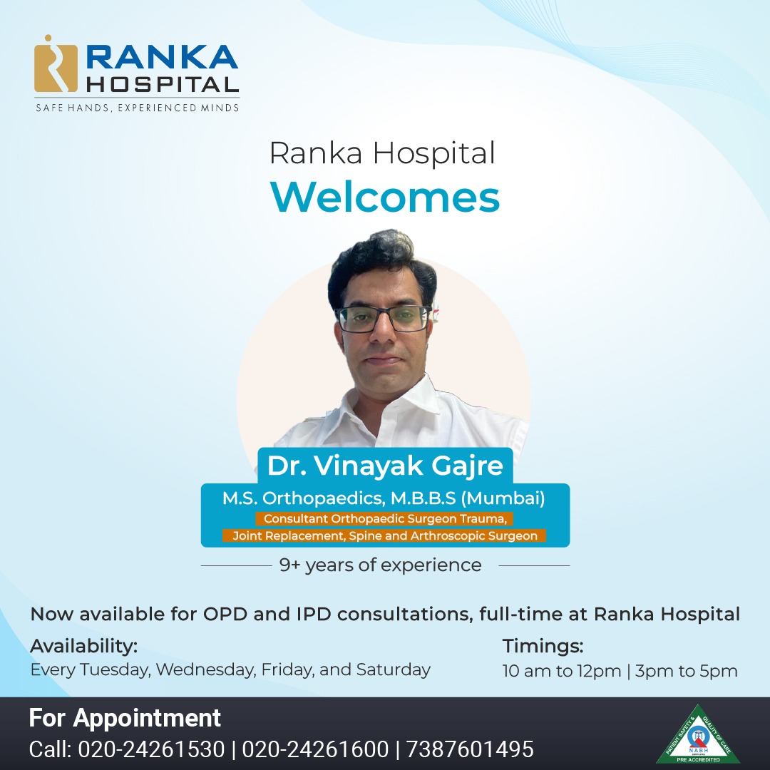 Our team at Ranka Hospital is thrilled to welcome Dr. Vinayak Garje, a highly skilled orthopaedic Specialist, who has recently joined us. We are excited to have him on board.

#pune #punecity #punehospital #welcomedoctor #orthopedic #orthopaedicdoctor  #orthopaedicsurgery