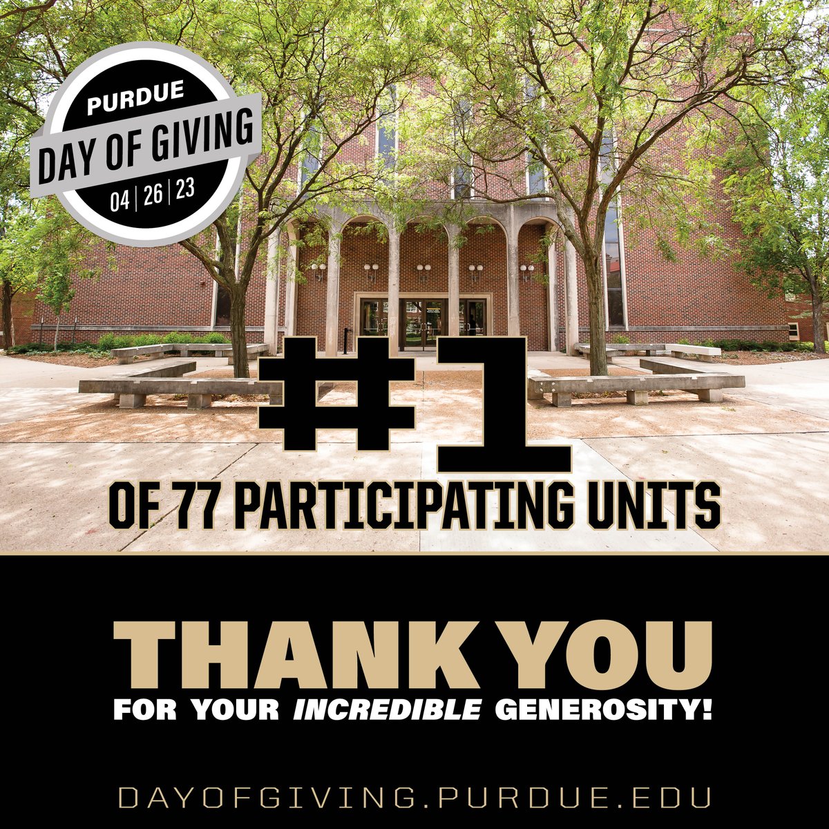 The Purdue College of Pharmacy is #1 again! Alumni, faculty, staff, retirees, students, parents, and friends: You are incredible! Thank you for powering Pharmacy’s #NextGiantLeap this #PurdueDayofGiving. We are ever grateful. #PurdueRx #pharmacysgiantleap